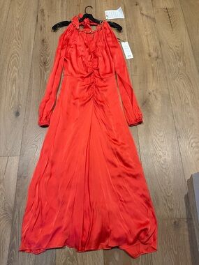 Veronica Beard Red Long-Sleeve Maxi Dress with Chain Neck